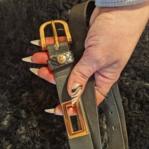 Elegant Tahari Black Leather Belt with Gold Buckle